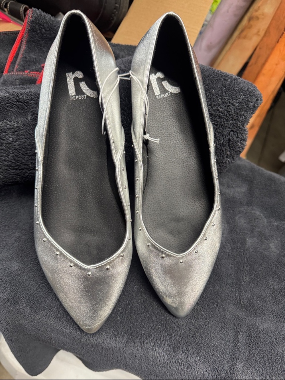 Report Silver Pointed Toe Flats with Stud Embellishments
